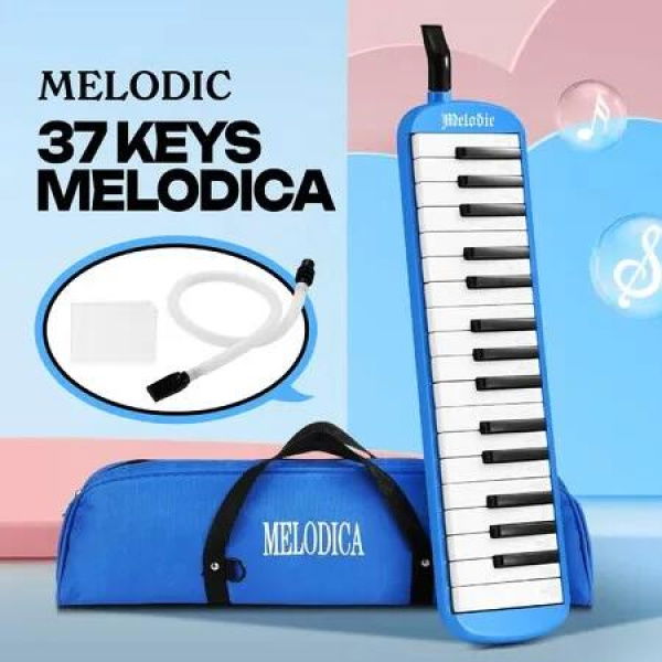 37 Keys Melodica Air Piano Keyboard Professional Blue Musical Instrument for Kids Adults with Carrying Bag 2 Mouthpieces