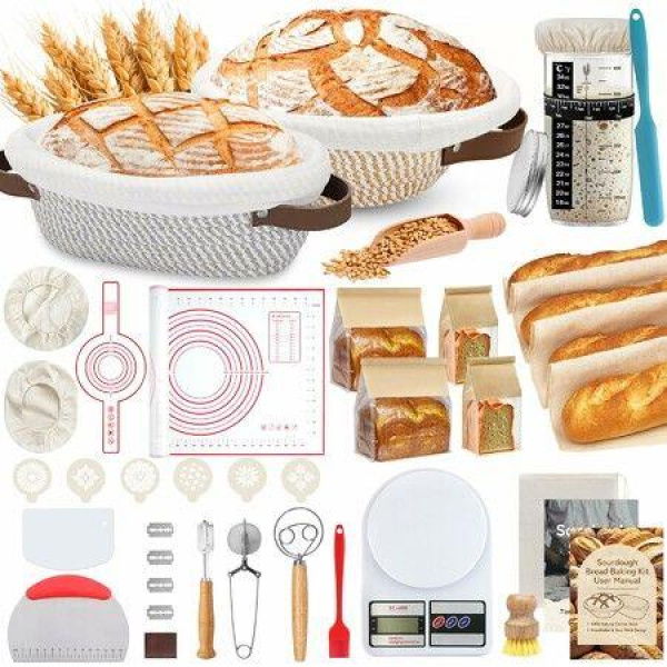 38 Pcs Sourdough Starter Kit Cotton Rope Banneton Bread Proofing Basket with Sourdough Starter Jars,10 Inch Round Oval Proofing Basket with Liners Covers