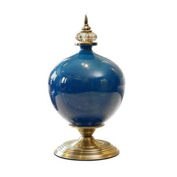 38.50 Cm Ceramic Oval Flower Vase With Gold Metal Base Dark Blue.