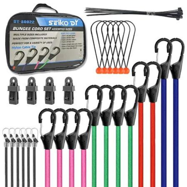 38Pcs Heavy Duty Bungee Cords Assortment,Professional Outdoor Elastic Ropes With Storage Bag,Ball Bungees & Tarp Clips For Roof Rack,Trailer