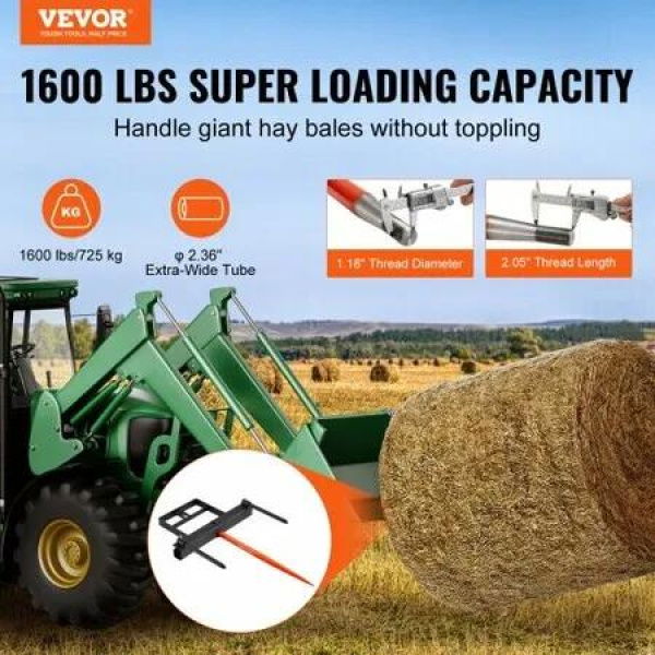 39' Hay Spear, Bale Spears 726kg Loading Capacity, Skid Steer Loader Tractor Bucket Attachment with 2pcs 17.5' Stabilizer Spears and 60' Chain, Quick Attach Spike Forks