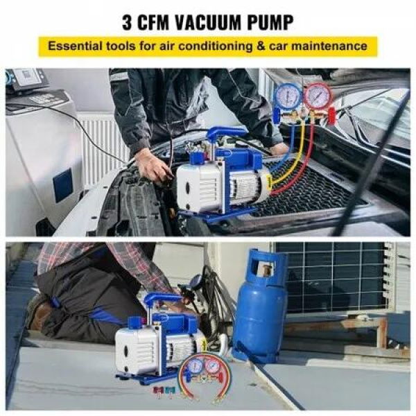 3CFM 84 L/M 1-Stage Refrigerant Vacuum Pump Refrigeration Gauges A/C Air Conditioning 1440 RPM 1/4 HP 3 pcs hoses 800 PSI Refrigeration Gauges