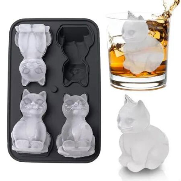 3D Cat Ice Cube Tray Silicone Large Ice Cube Mold, Fun Shapes Ice Cube Trays for Freezer with Lid, Ice Molds for Bourbon Whiskey Cocktails Black