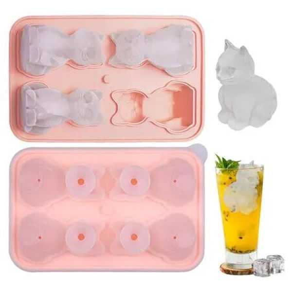 3D Cat Ice Cube Tray Silicone Large Ice Cube Mold, Fun Shapes Ice Cube Trays for Freezer with Lid, Ice Molds for Bourbon Whiskey Cocktails Pink