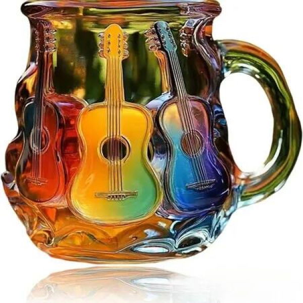3D Guitar Art Glass Coffee Mug, Colorful Handcrafted Cup for Coffee Tea, Music Lover Gift Artistic Resin Mug for Men & Women