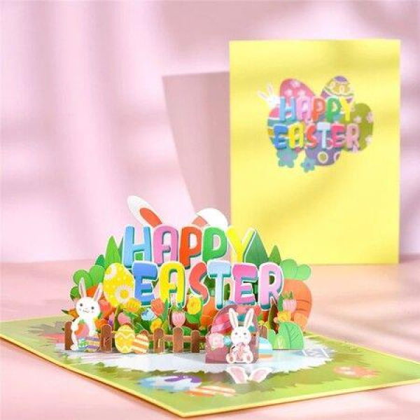 3D Happy Easter Card Rabbit Egg Flowers Basket Pop Up Easter Birthday Cards For Kids