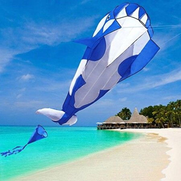 3D Kite Huge Frameless Soft Parafoil Giant Dark Blue Dolphin Breeze Kite Easy To Fly With Handle 30m Line Lawn Beach Garden Family Gatherings