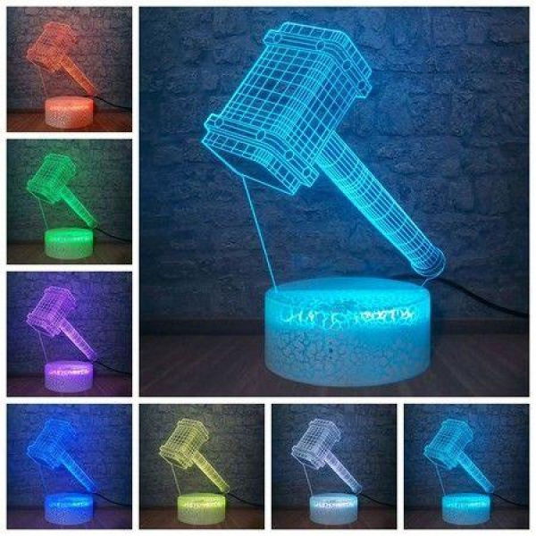 3D Powered USB Table Lamp Visual Illusion Thor Hammer 16 Colors Perfect Gift