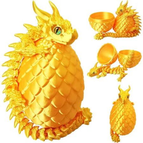 3D Printed Dragon Eggs with Dragon Large Articulated Dragons Toys with Eyes, Animal Fidget Toy Surprise Eggs Home Decor Executive Desk Toy (Golden)