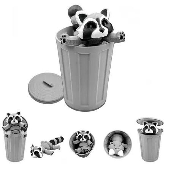 3D Printed Raccoon Animals Toys, Fidget Toys with Trashcan, Home Office Decor for Women Men, Stocking Stuffers Bulk, Birthday Party