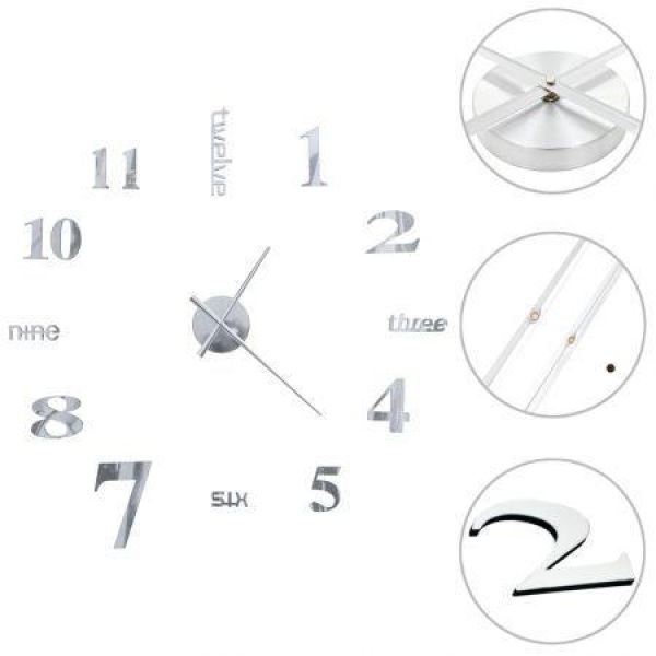 3D Wall Clock Modern Design 100 Cm XXL Silver