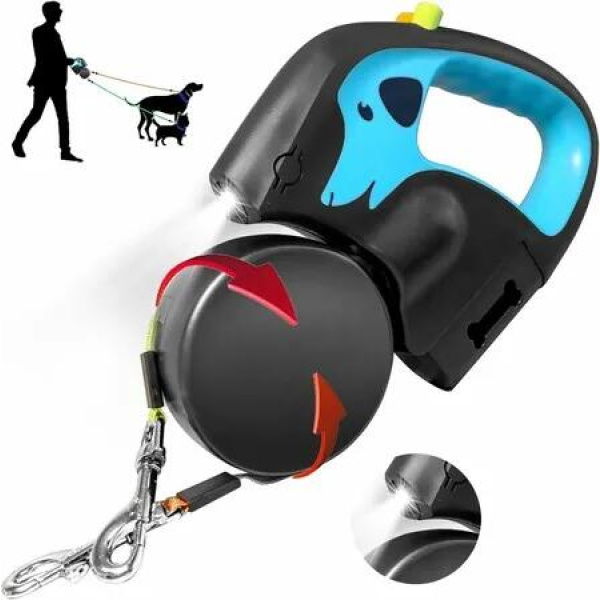 3M Double Retractable Dog Lead Up to 20kg Non-Slip Handle Dog Lead with Rechargeable Flashlight,Walking 2 Dogs 360 Degree Tangle-Free Nylon Band(Blue)