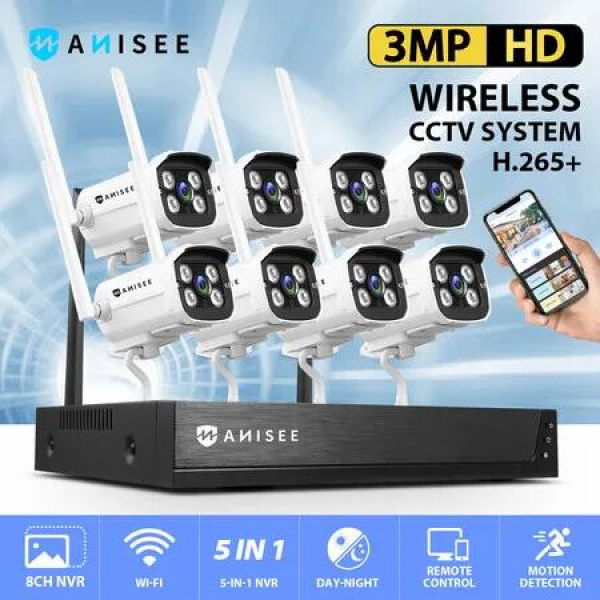 3MP Security Camera Set Wireless CCTV Home Indoor Outdoor House WiFi Surveillance System Full HD with 8 Channel NVR