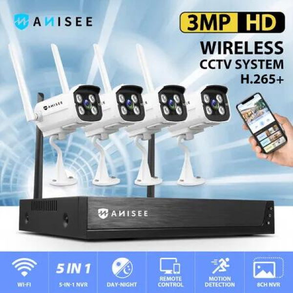 3MP Security Camera Set Wireless Home CCTV House Indoor Outdoor Surveillance System Full HD with 4 Channel WiFi NVR