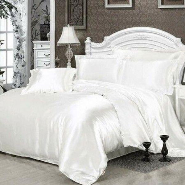 3P King Size Faux Silk Bedding Set Duvet Cover Flat Sheet In Satin Alternative Quilted Comforter Bed Linings Bedroom Col White