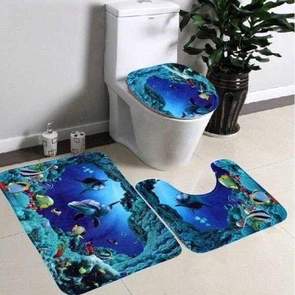 3Pcs 3D Sea World Print Bathroom Rug Set Funny Door Floor Mat 50x80