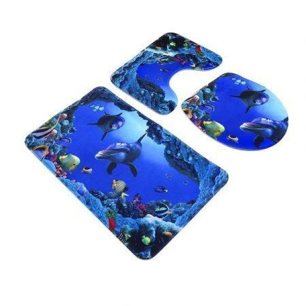 3 Pcs Blue Ocean Style Pedestal Rug + Toilet Cover + Bath Mat