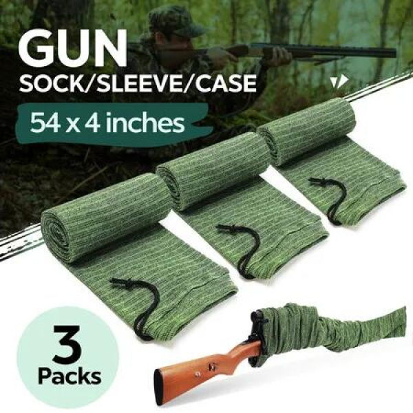 3pcs Gun Socks Shotgun Cases Rifle Pistol Sleeves 137x10cm Airsoft Handgun Storage Protector Silicone Treated Fabric Knit with Drawing Closure Green