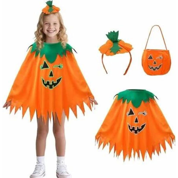 3Pcs Halloween Pumpkin Costume Set for Girls Age 4 to 9, Pumpkin Poncho for Girls with Headband and Bag