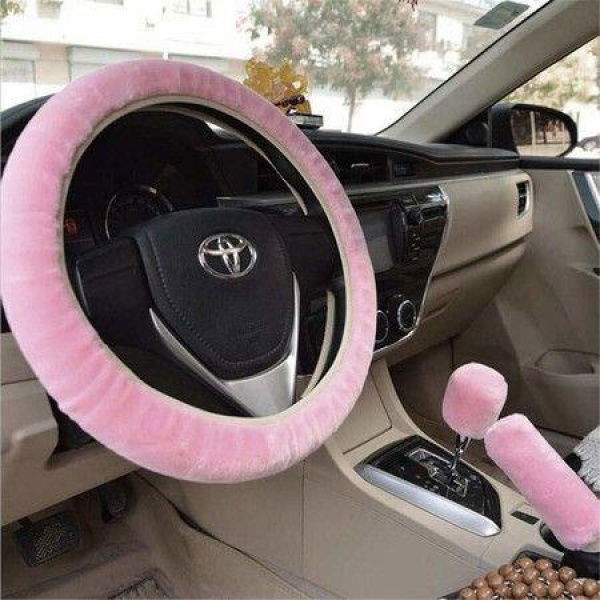 3 Pcs Handbrake Cover Gear Shift Cover Winter Warm Furry Steering Wheel Cover - Universal Fit 15