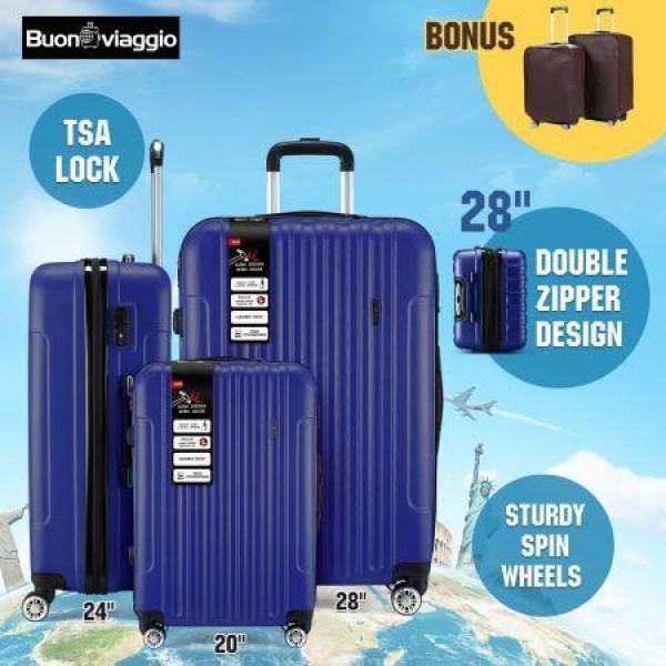 3PCS Luggage Set Hard Travel Suitcases Carry On Lightweight Trolley With TSA Lock 2 Covers Royal Blue