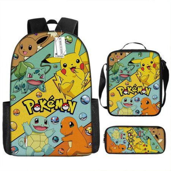 3PCS Pokemon Pikachu Backpack Kids Shoulder Bag ShowBag Pencil Case for Teenager Kid Student