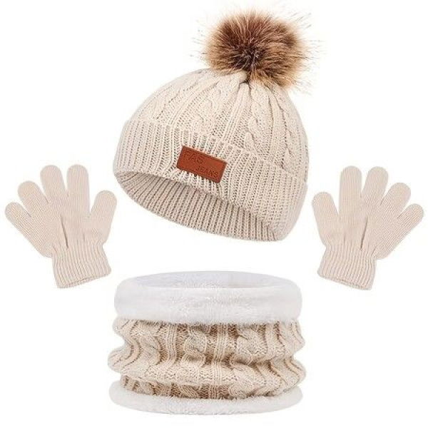 3Pcs Winter Hat Scarf Gloves Set Kids Winter Knit Beanies Neck Warmer Hat Mitten Set For Boys Girls Gift Color Beige