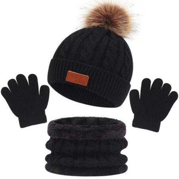 3Pcs Winter Hat Scarf Gloves Set Kids Winter Knit Beanies Neck Warmer Hat Mitten Set For Boys Girls Gift Color Black