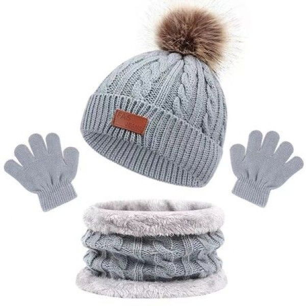 3Pcs Winter Hat Scarf Gloves Set Kids Winter Knit Beanies Neck Warmer Hat Mitten Set For Boys Girls Gift Color Grey