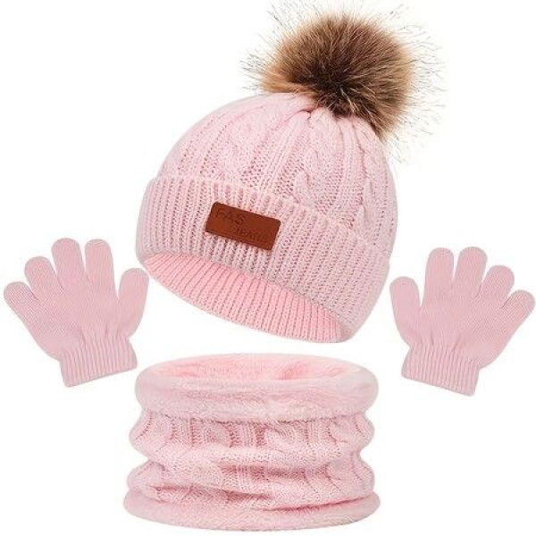 3Pcs Winter Hat Scarf Gloves Set Kids Winter Knit Beanies Neck Warmer Hat Mitten Set For Boys Girls Gift Color Light Pink