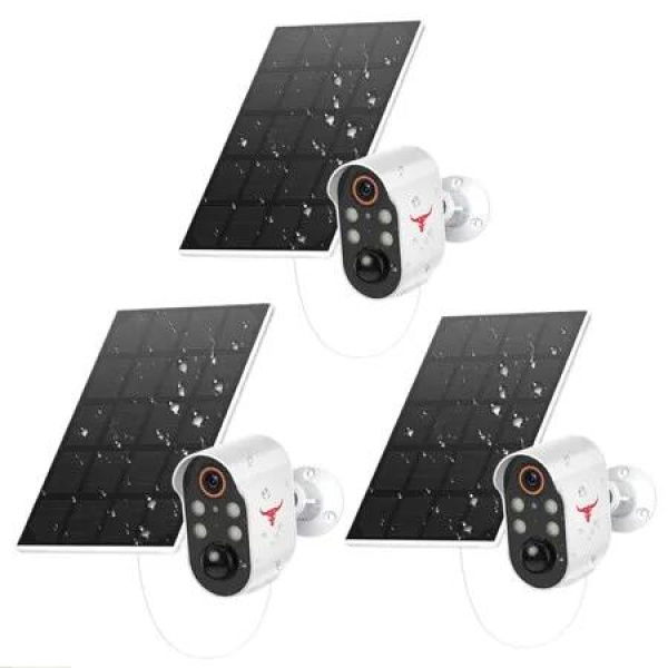 3Pcs Wireless Security Camera with Solar Panel Outdoor 2.4G WiFi Colour Night Vision PIR Motion Detection Home Surveillance, White