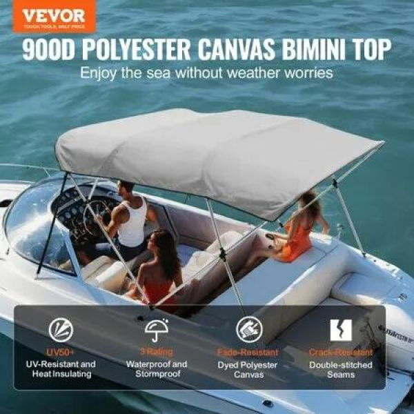 4 Bow Bimini Top Boat Cover, 900D Polyester Canopy with 1 Aluminum Alloy Frame, Waterproof and Sun Shade, Includes Storage Boot, 2 Support Poles, 4 Straps, 8'L x 54H x 91-96W, Light Grey