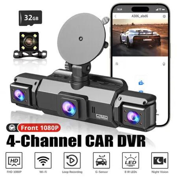 4 Channel Dash Cam 360 Degree View,FHD Front and Rear Inside,Left Right Dash Camera for Cars,8 IR Lamps Night Vision,G-Sensor Parking Mode Loop Recording
