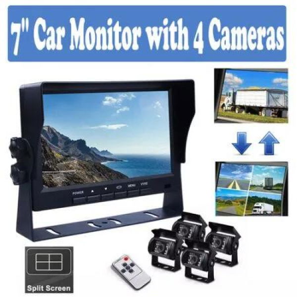 4-Channel Split 7' Screen Monitor w/4 Reversing Camera Kit for Truck Trailer Bus