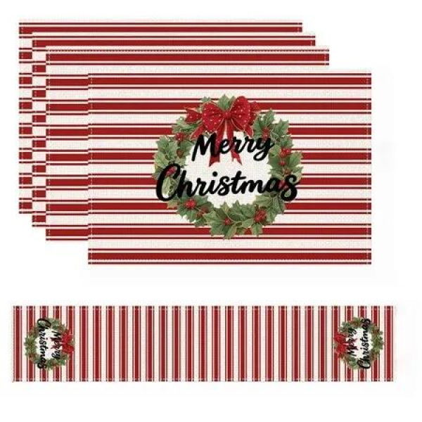 4 Christmas Placemats And 1 Table Runner,Washable Wipeable Polyester Table Runner Placemat,For Kitchen Dining Table Christmas Party Decor