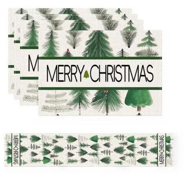 4 Christmas Placemats And 1 Table Runner,Washable Wipeable Polyester Table Runner Placemat,For Kitchen Dining Table Christmas Party Decor