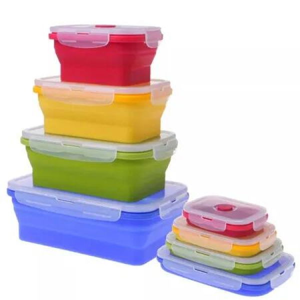 4 Collapsible Silicone Food Storage Container,Leftover Meal box For Kitchen,Lunch Boxes,Microwave,Dishwasher and Freezer Safe 4 Color