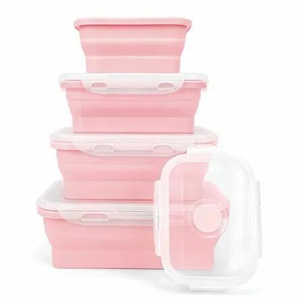 4 Collapsible Silicone Food Storage Container,Leftover Meal box For Kitchen,Lunch Boxes,Microwave,Dishwasher and Freezer Safe Color Pink