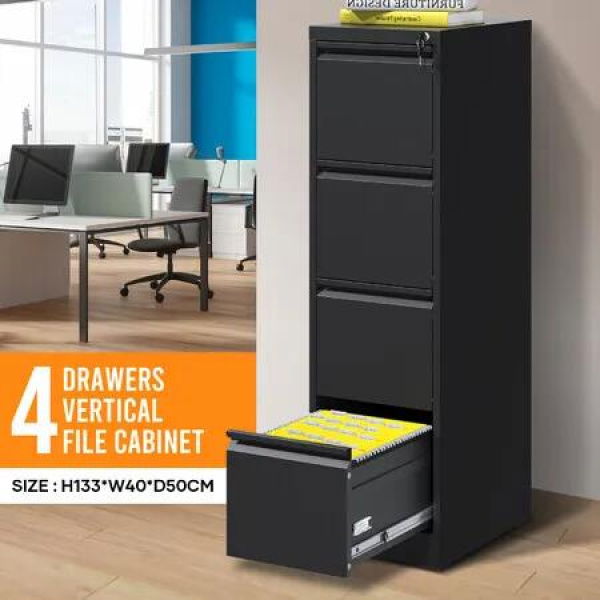 4 Drawer File Cabinet Steel Filing A4 F4 Document Organiser Chest Home Office Lockable Storage Cupboard Stationary Printer Stand Black 133x40x50cm