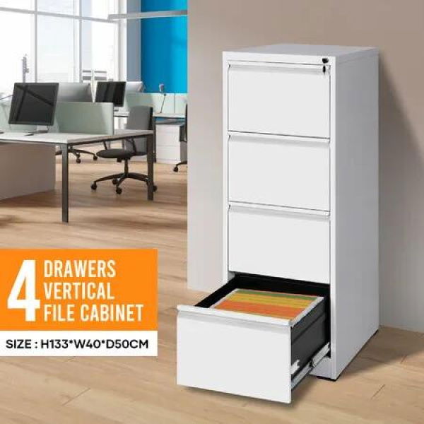 4 Drawer File Cabinet Steel Office Storage Furniture Metal White Home Vertical Filing Locking Organiser Cupboard Unit for Letter Legal A4 F4 Documents