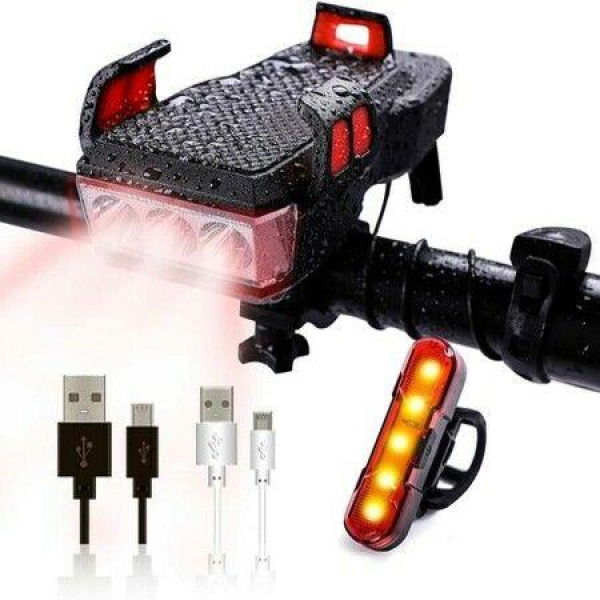 4 In 1 Bicycle Lights Set Bicycle Mobile Phone Holder 2700 Lumens With Electric Bike Horn 130 Db