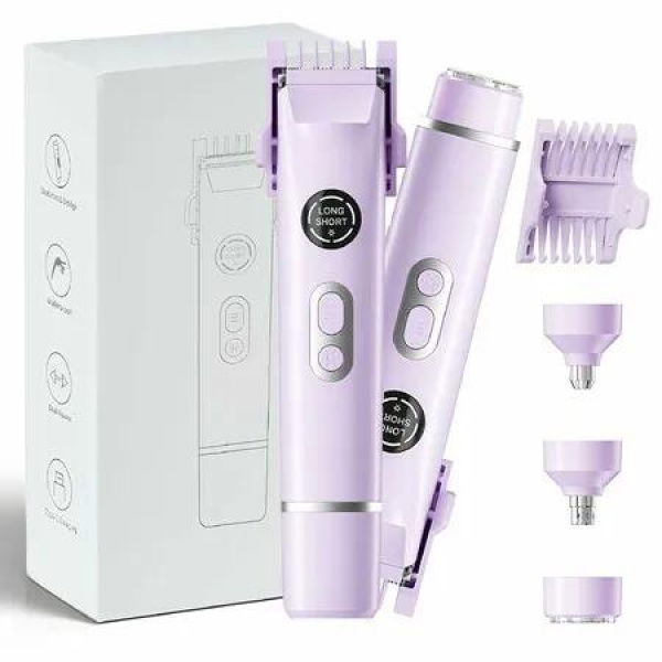 4 in 1 Bikini Trimmer for Women, Dual Head Electric Razor, Waterproof Wet & Dry Use with LED Light and Display for Nose Eyebrow Bikini Body (Purple)