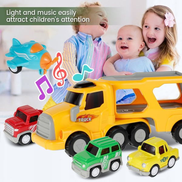 4 In 1 Carrier Truck Transport Car Play Vehicles Toys With Lights And Sounds Gift Color Yellow