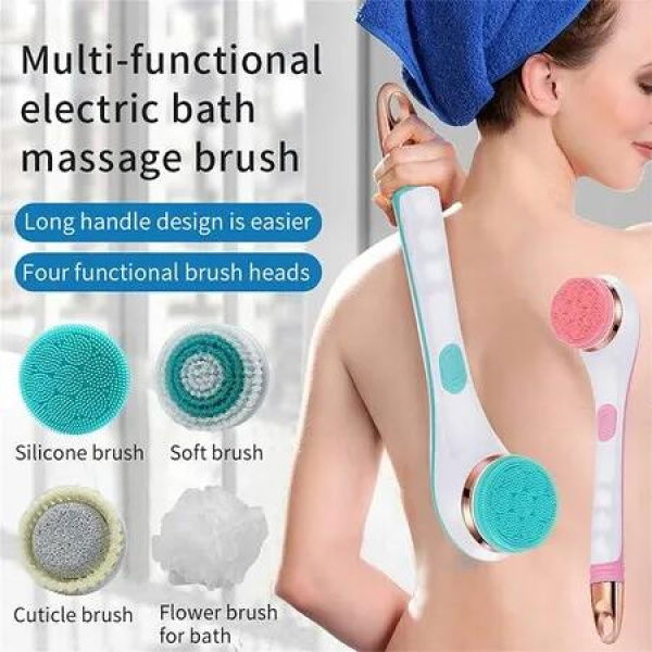 4-in-1 USB Electric Silicone Body Scrubber Shower Brush with Long Handle for Effortless Scrubbing Deep Cleaning(Pink)