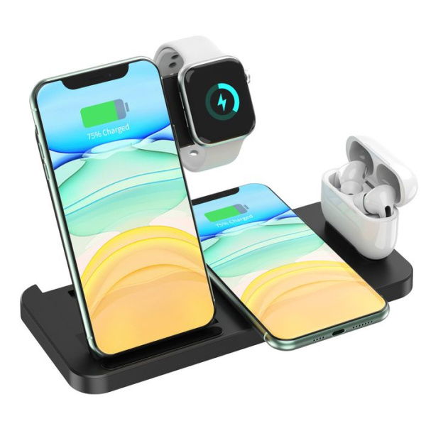 4-in-1 Wireless Charger Foldable Desktop Holder Compatible With Cell Phone/AirPods/Apple Watch Wireless Charging.