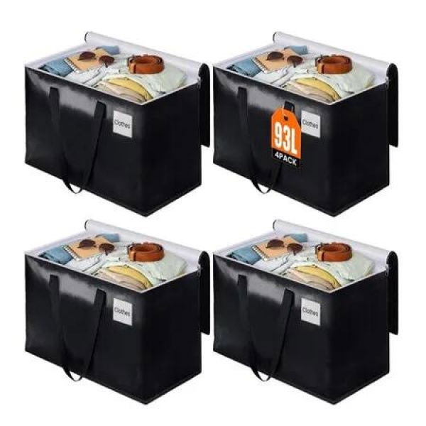 4 Pack 69x35x38cm Black Zippered Woven Reinforced Handles Moving Bag Ideal For Moving Storage And Organizing Large Items