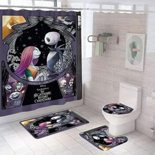 4-Pack Halloween Decorations Shower Curtain Set with Non-Slip Rugs and Bath Mats,Bathtub Curtains with 12 Hooks,Waterproof Bathroom Decor