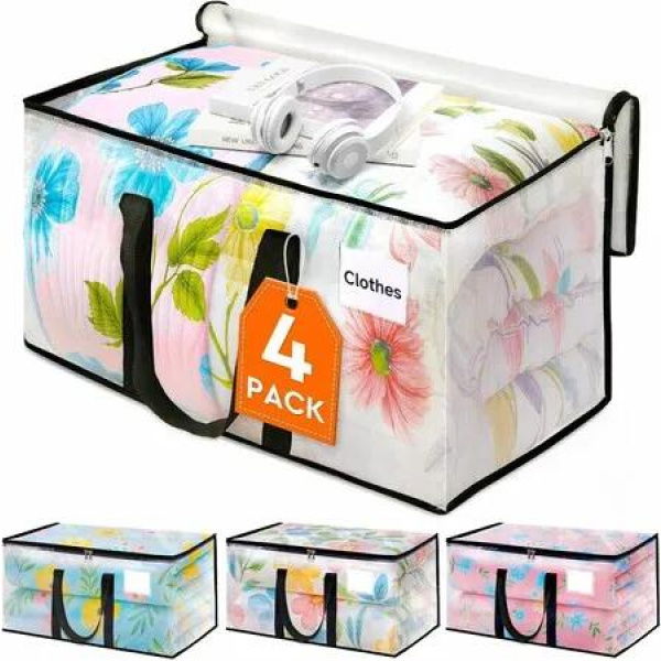 4 Pack Heavy Duty Clear Moving Storage Bags,Zippered Storage Bags, Extra Thick Handles and Waterproof Packing Boxes for Moving,Storage