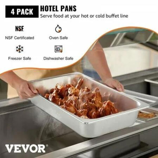 4 Pack Hotel Pan 3.7' Deep Steam Table Pan Full Size with Lid 20.8'L x 13'W Hotel Pan 22 Gauge Stainless Steel Anti Jam Steam Table Pan