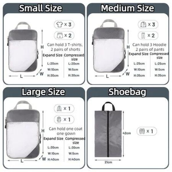 4-Pack Lightweight Travel Luggage Compression Bags - Dustproof Storage Organizers for Versatile Packing (Grey)